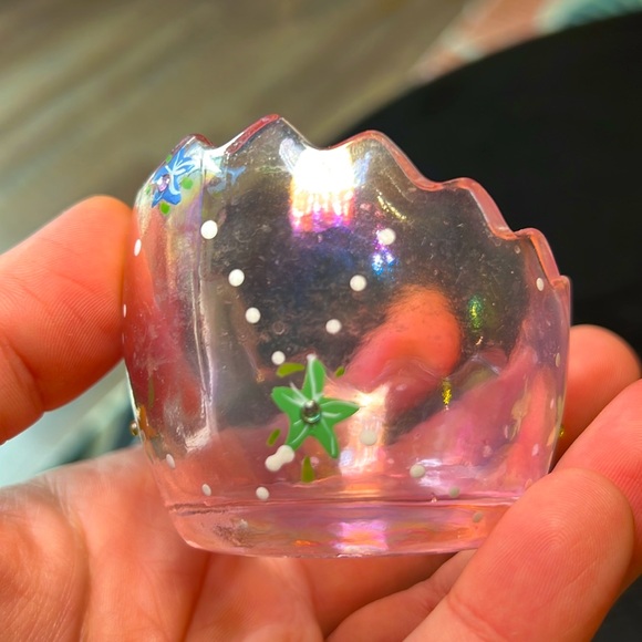 Vintage Pink Iridescent Glass Egg Dish Hand Painted Tealight Candle Holder - Picture 7 of 11